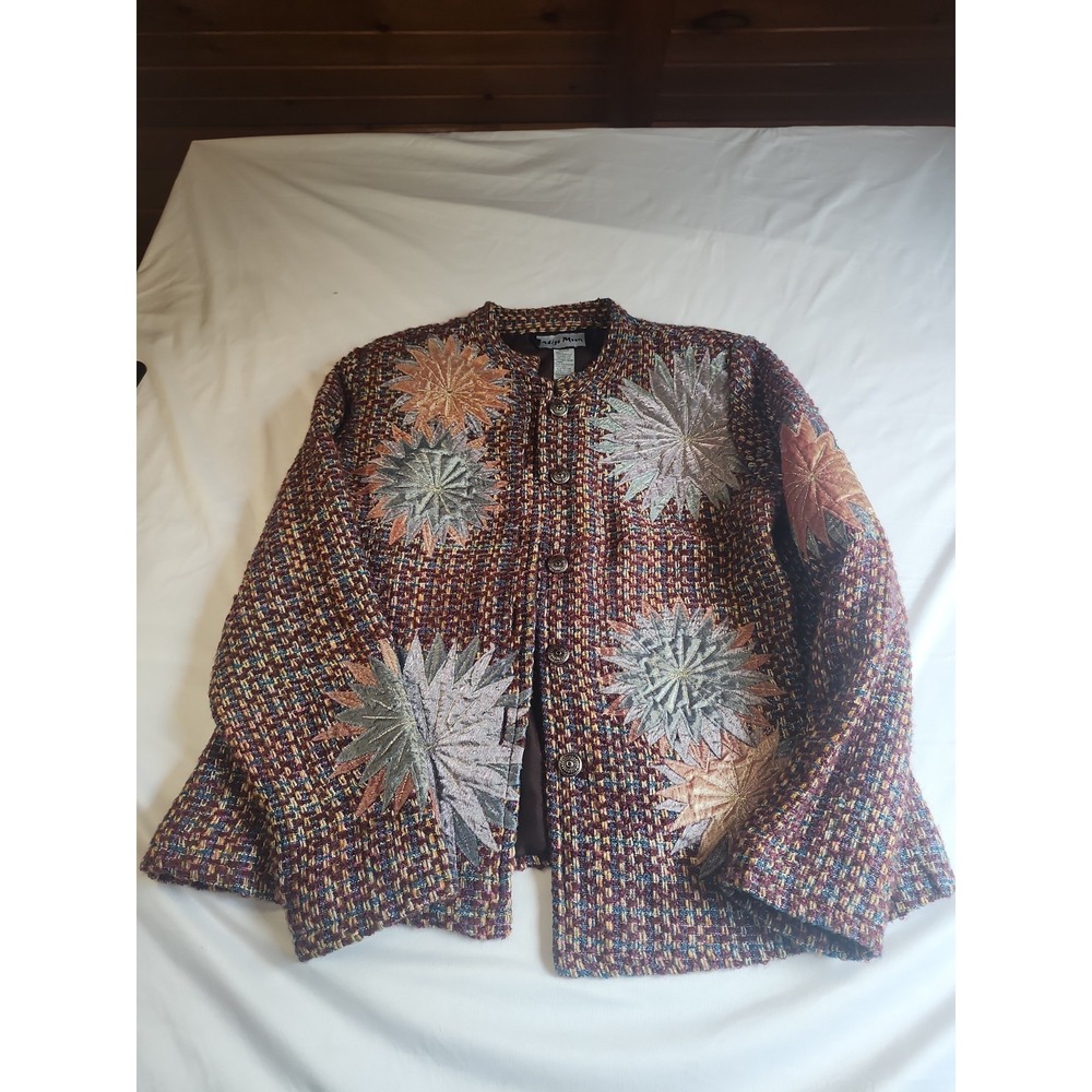Indigo Moon Boho Tweed Jacket  Floral  Embroidery Button Up Size Large